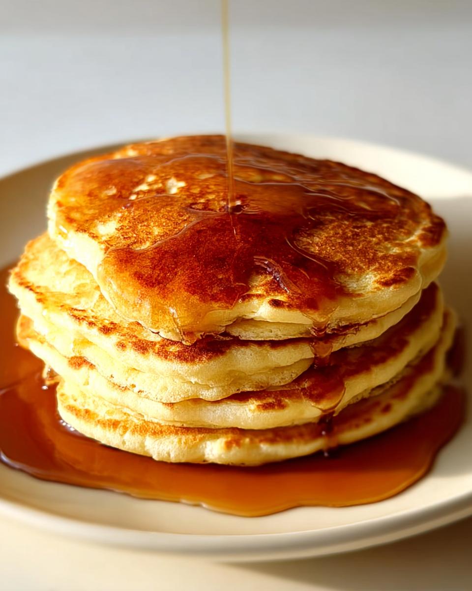 A tall stack of fluffy pancakes being drizzled with golden syrup, a perfect breakfast idea.