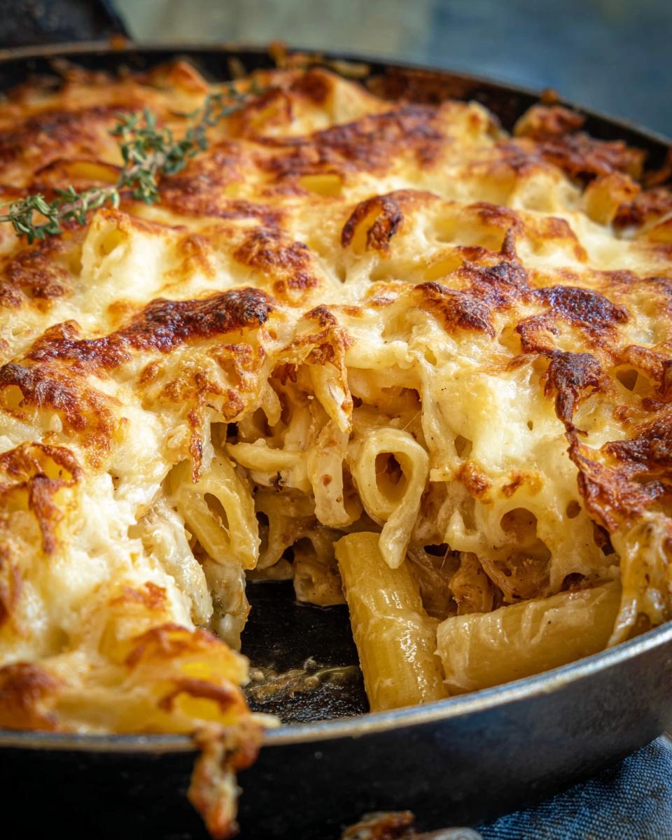 Close-up of a golden-brown baked pasta dish with melted cheese and a sprig of thyme.