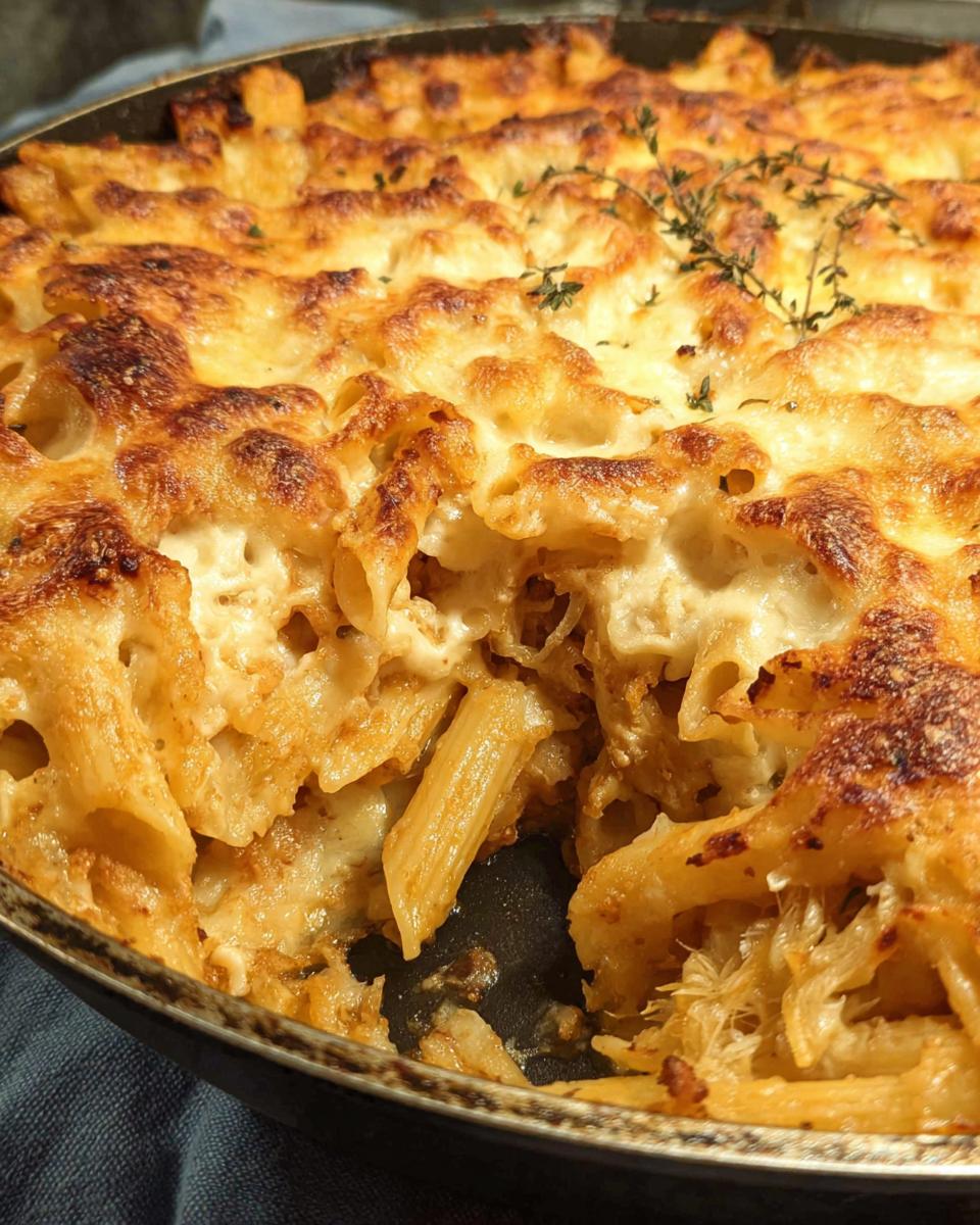 Close-up of a golden-brown baked pasta dish with melted cheese and herbs, a perfect pasta recipe.