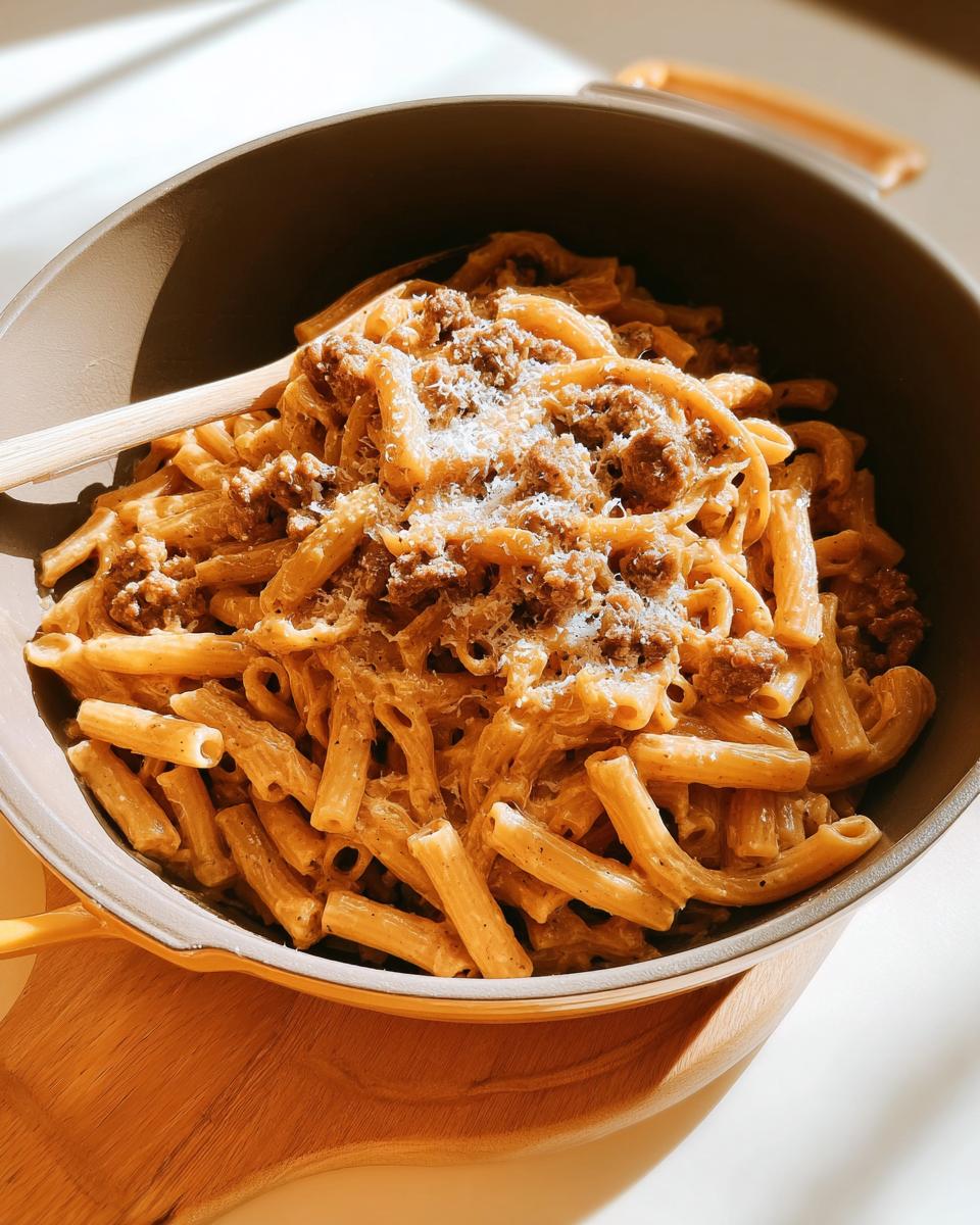 A close-up of a bowl filled with penne pasta coated in a creamy meat sauce, topped with grated cheese. Perfect for busy weeknights.