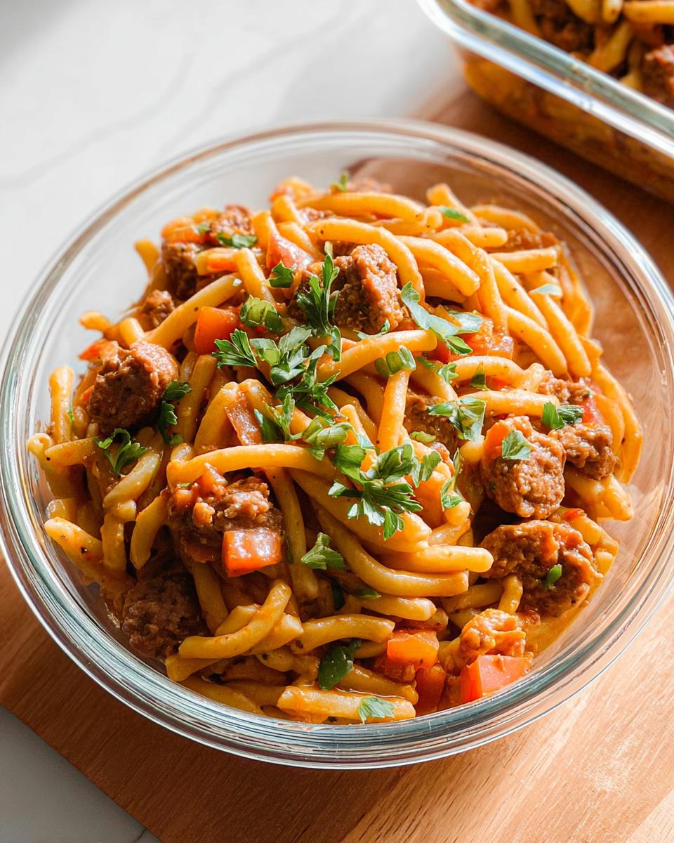 A bowl of pasta meal prep with ground meat, diced tomatoes, and fresh parsley, part of our Pasta Recipes Meal Prep that Tastes Great.