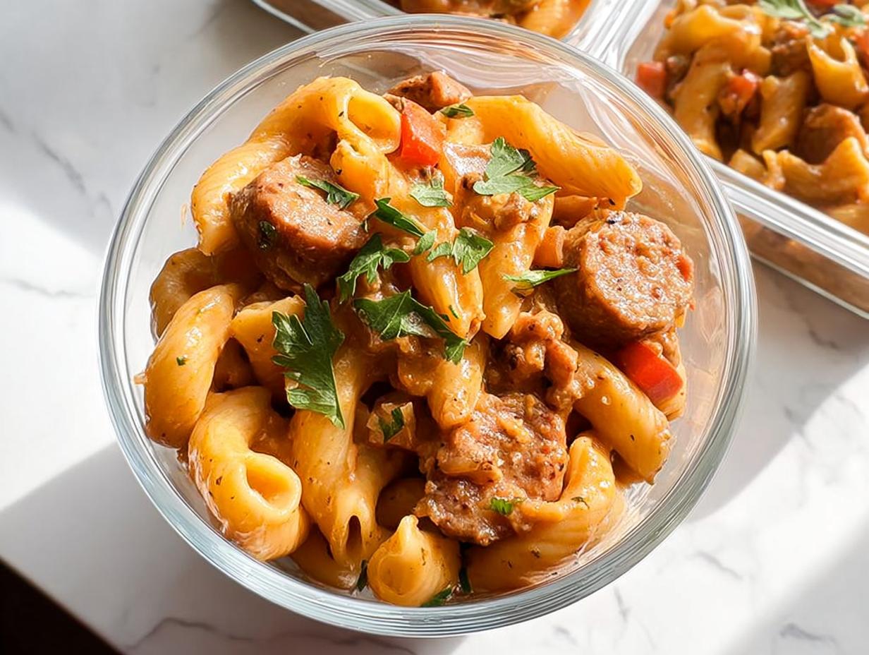 A bowl of pasta meal prep with sausage slices, red peppers, and a creamy sauce, garnished with parsley.