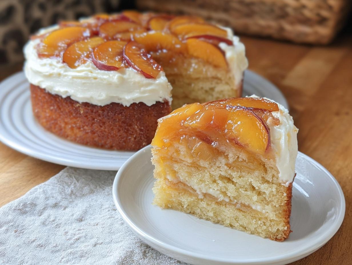 A slice of delicious peach cake with creamy frosting and fresh peach slices, part of The Ultimate Cake Ideas Recipes Guide for Beginners.