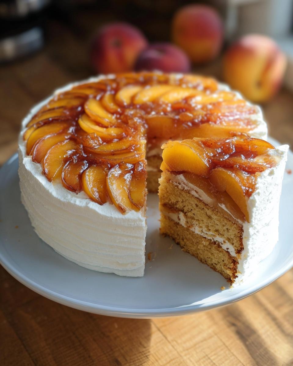 A beautiful peach cake with layers of sponge cake, cream, and fresh peaches, a slice removed.
