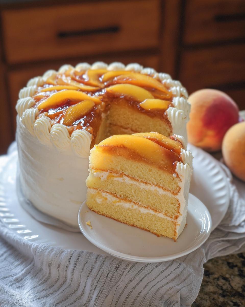 A slice of delicious peach cake with layers of sponge, cream, and peach topping, part of The Ultimate Cake Ideas Recipes Guide for Beginners.