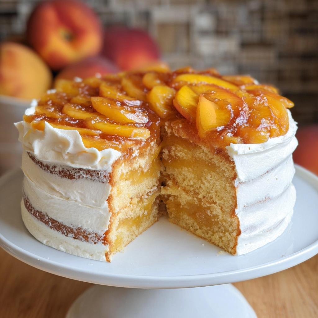 A delicious peach cake with layers of sponge cake, peach filling, and whipped cream frosting, topped with fresh peaches.