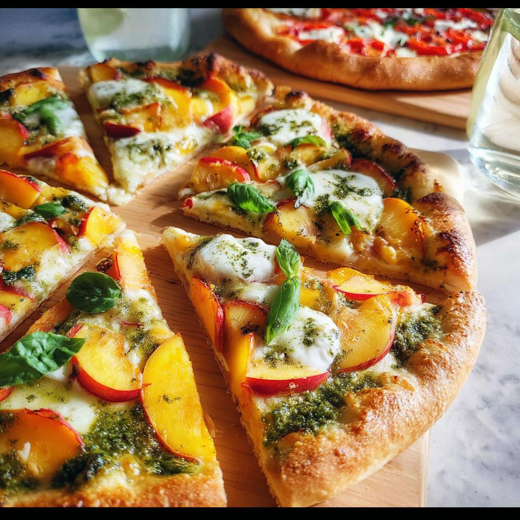 Close-up of sliced peach pesto pizza with fresh mozzarella and basil, perfect for a gourmet pizza night.