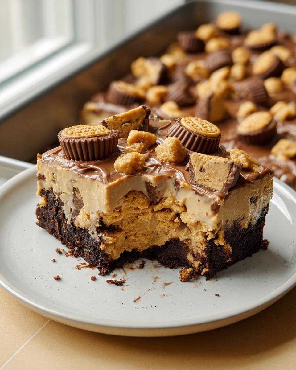 A decadent slice of peanut butter brownie cake, topped with chocolate and Reese's cups. A quick cake idea recipe.