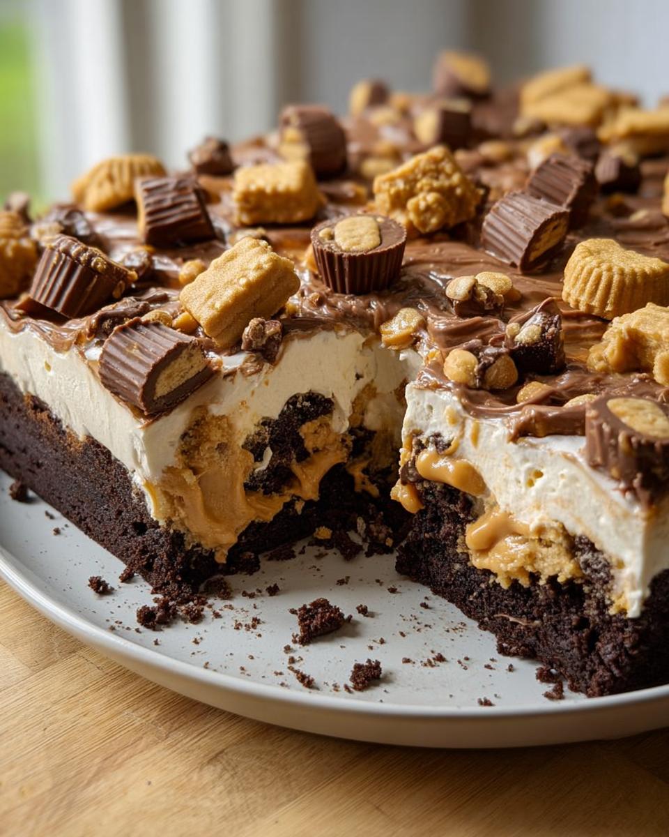 A rich chocolate cake with layers of peanut butter and whipped cream, topped with peanut butter cups and chocolate pieces.