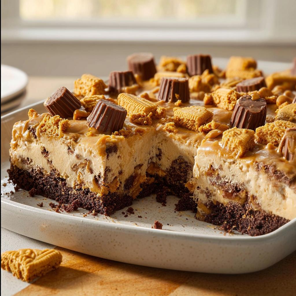 A decadent peanut butter and chocolate cake with Reese's cups and cookies, perfect for cake ideas recipes.