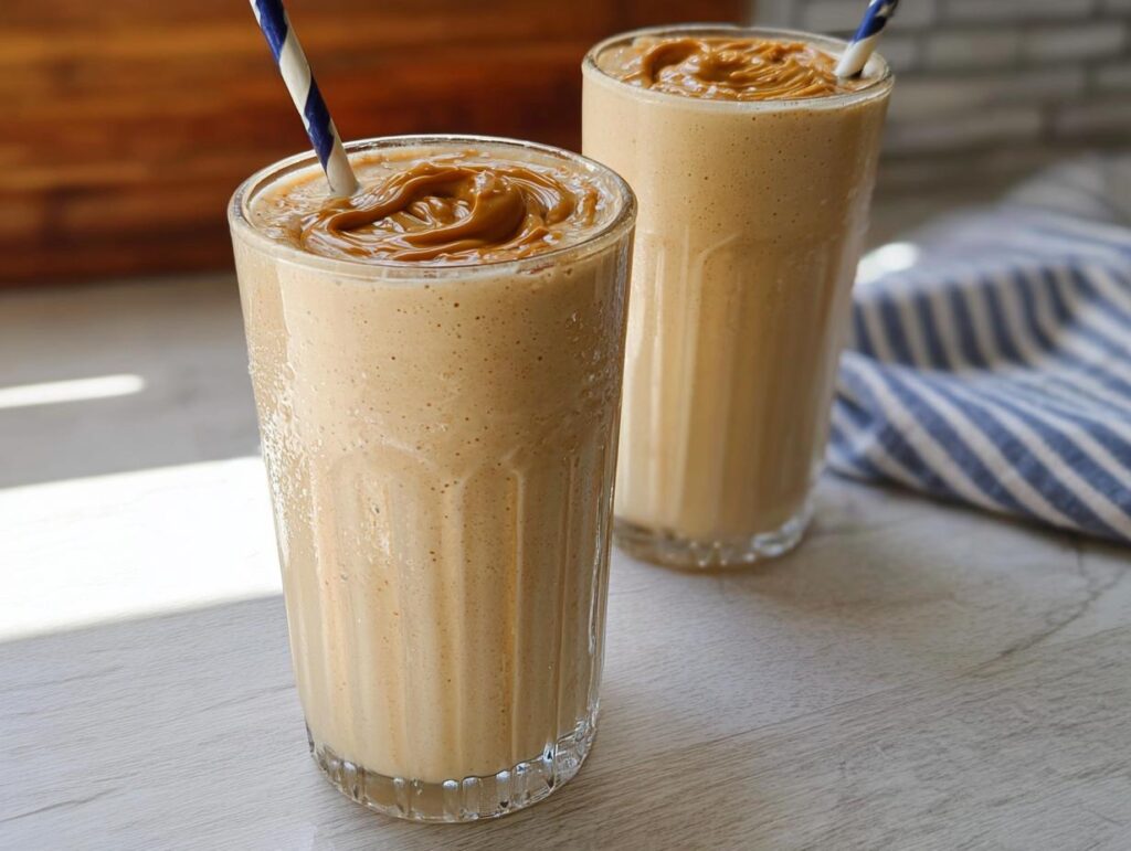 Two tall glasses filled with creamy peanut butter smoothies, topped with a swirl of peanut butter, and a striped straw in each. Part of The Ultimate Breakfast Ideas Recipes Guide for Beginners.