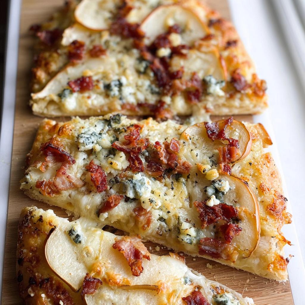 Close-up of pear and bacon pizza slices, featuring melted cheese, crumbled blue cheese, and crispy bacon bits.
