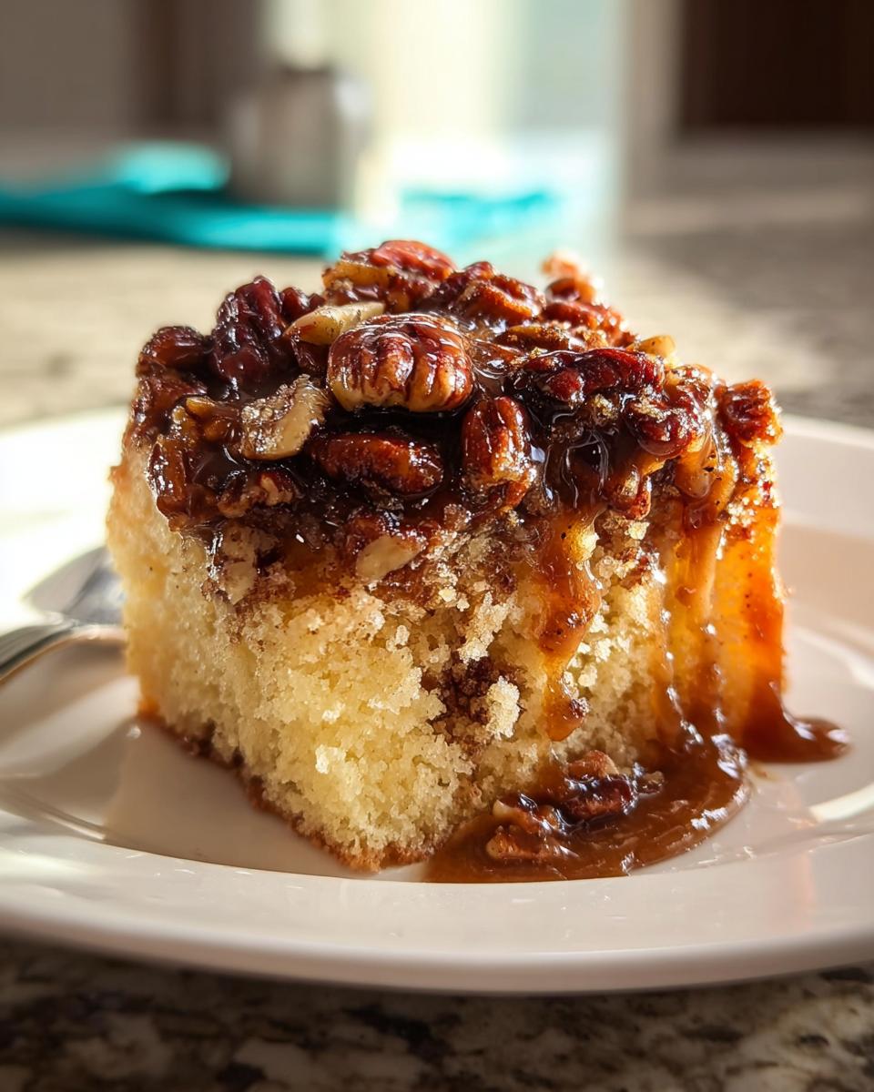 A slice of moist cake topped with gooey caramel and crunchy pecans, perfect for weeknight dessert.