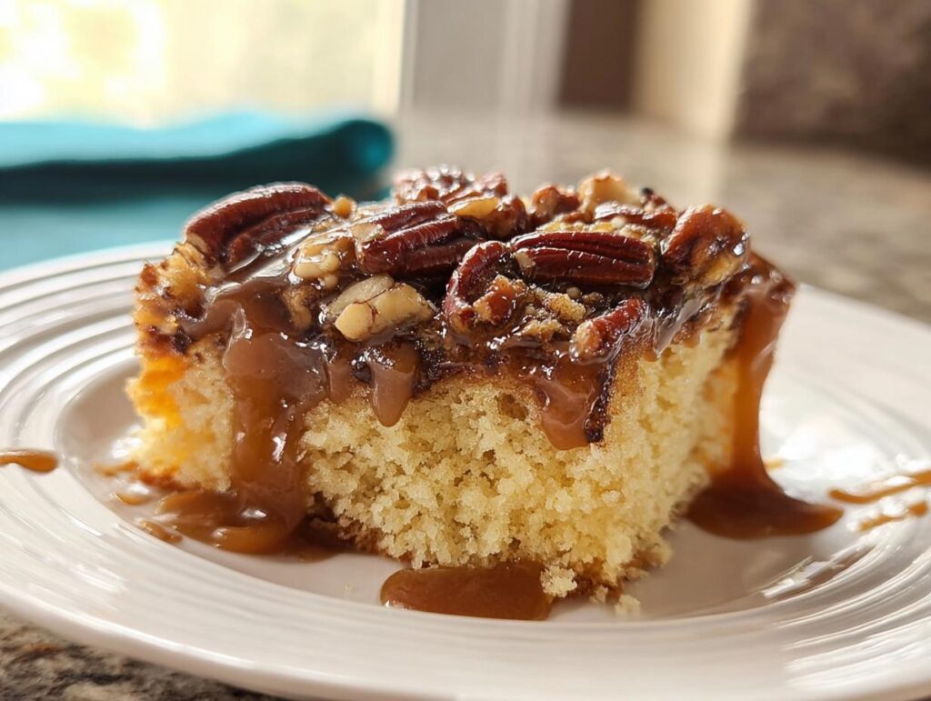 A slice of moist cake topped with caramel sauce and chopped pecans, perfect for a weeknight treat.