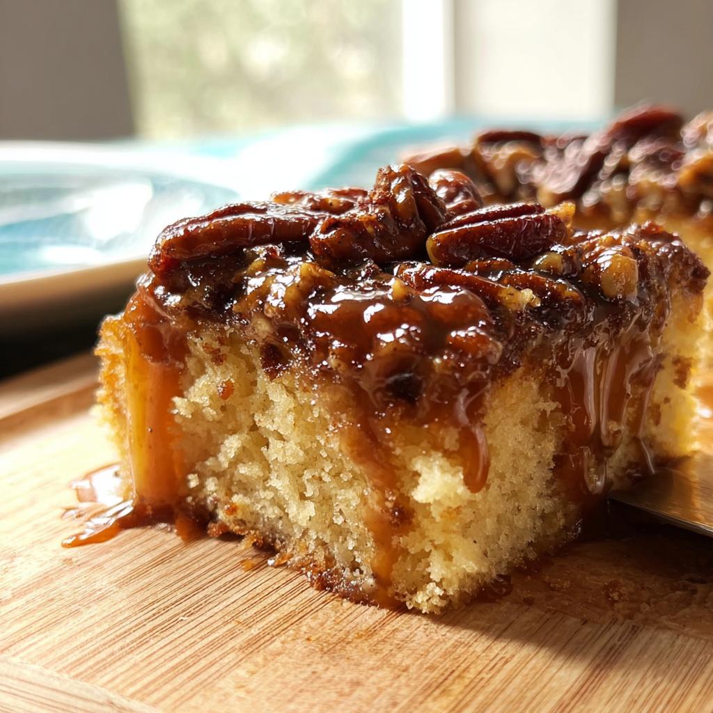 A slice of moist cake topped with gooey caramel and crunchy pecans, perfect for weeknight cake ideas.