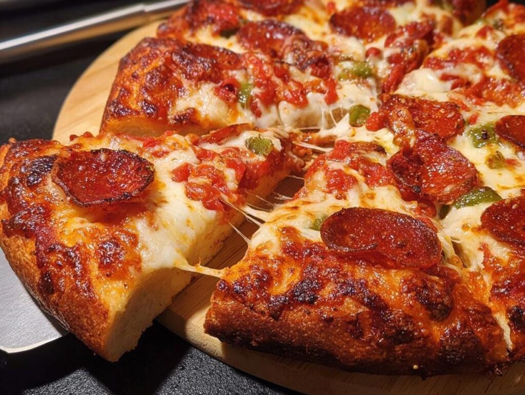 A close-up of a freshly baked pepperoni pizza, with melted cheese and a slice being lifted.