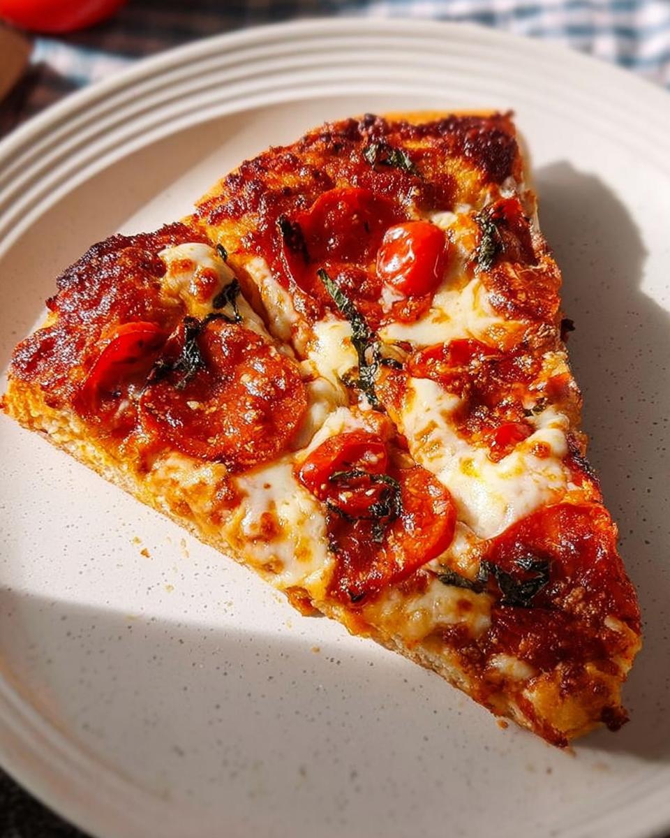 A delicious slice of pepperoni pizza with melted cheese and cherry tomatoes, perfect for Pizza Night Recipes Meal Prep.
