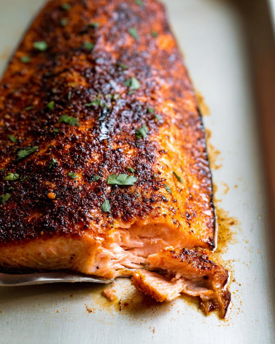 Close-up of a perfectly cooked salmon fillet with a crispy, seasoned crust and flaky interior, a key element in delicious salmon recipes.