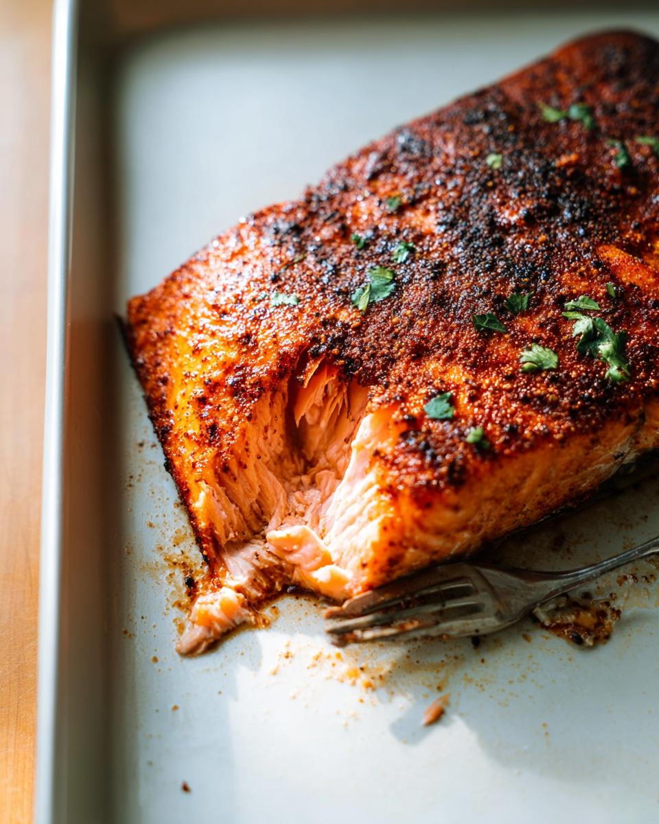Close-up of a flaky, seasoned salmon fillet cooked to perfection, ready to be served.