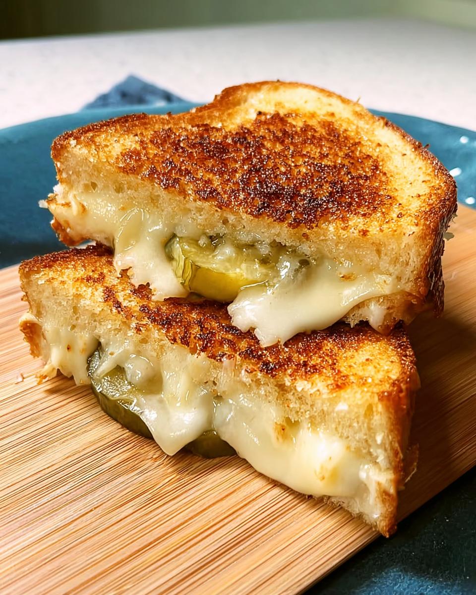 Close-up of a perfectly grilled cheese sandwich with pickles and melted cheese, one of 20 Genius Grilled Cheese Recipes.