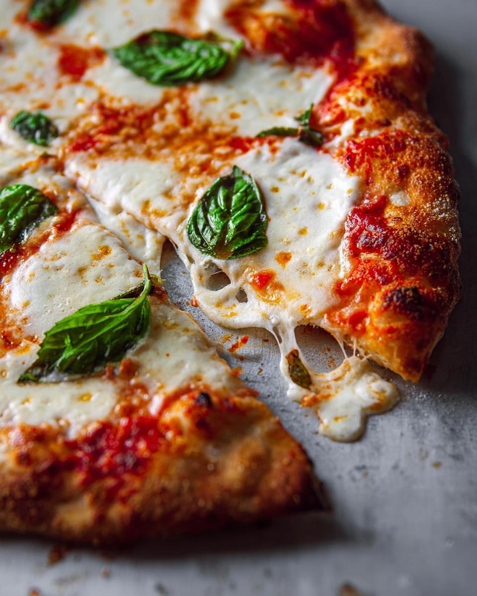 Close-up of a slice of pizza with melted mozzarella cheese, tomato sauce, and fresh basil leaves.