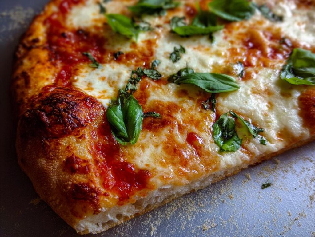 Close-up of a slice of homemade pizza with melted cheese, tomato sauce, and fresh basil, perfect for pizza night.