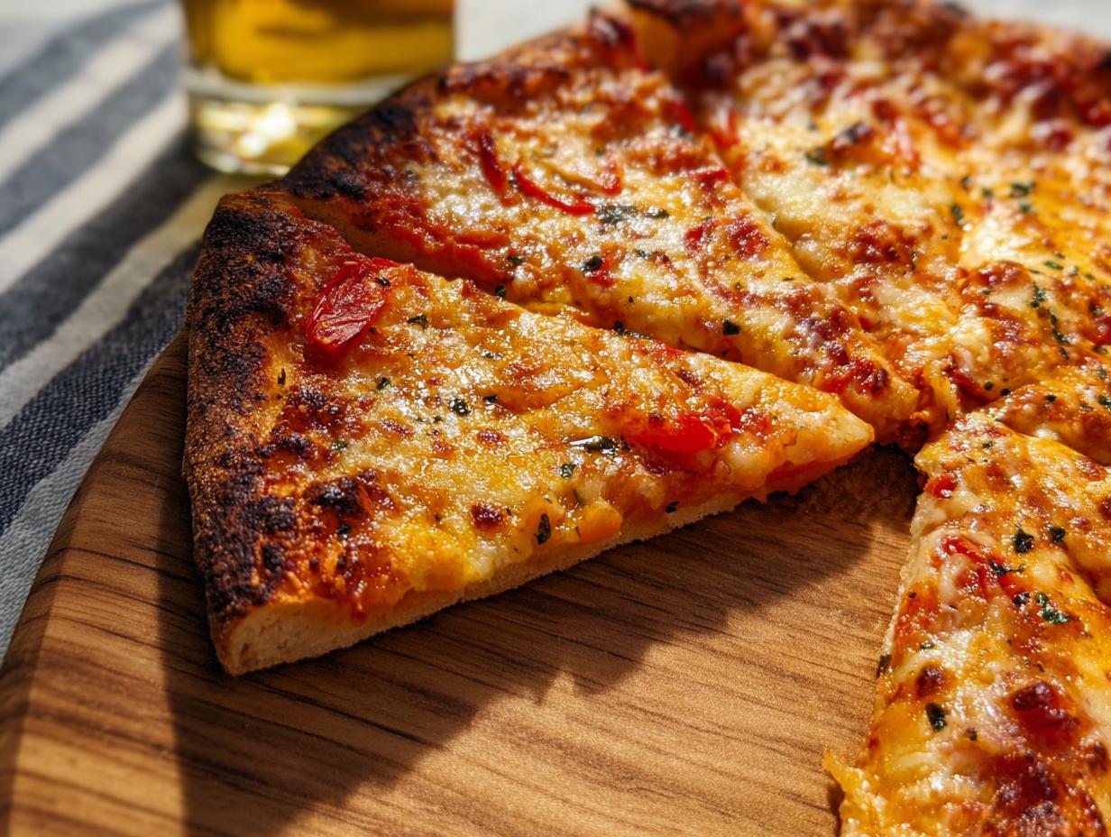 A close-up of a freshly baked pizza with melted cheese and red pepper slices, perfect for pizza night recipes.