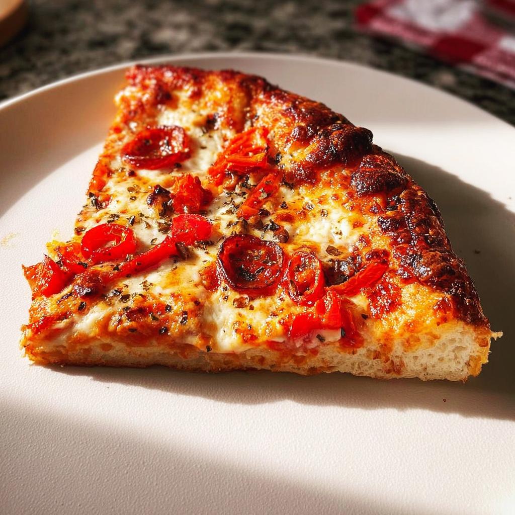 A close-up of a slice of pepperoni pizza, showcasing melted cheese, red pepperoni slices, and a golden-brown crust.