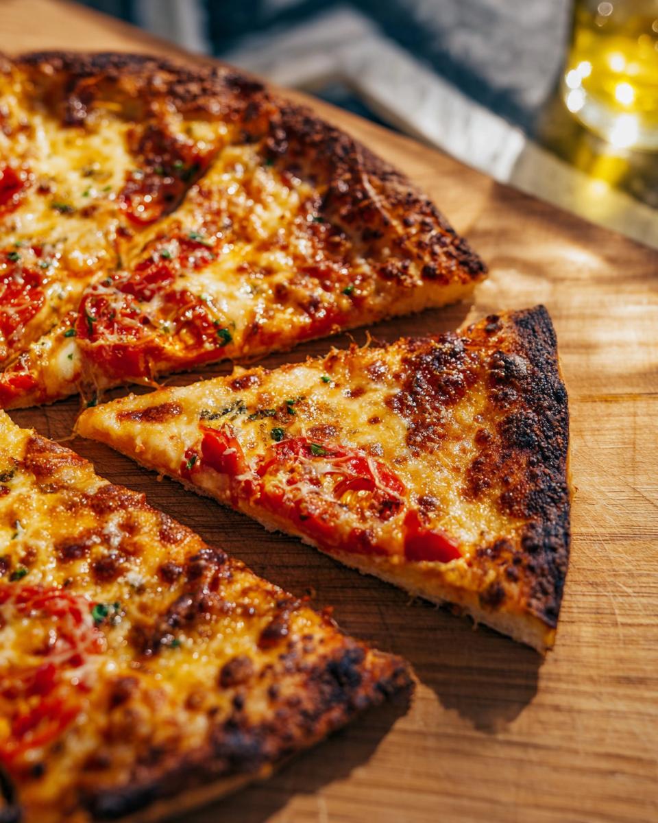 A close-up of a slice of delicious pizza with melted cheese and tomato, perfect for pizza night recipes.