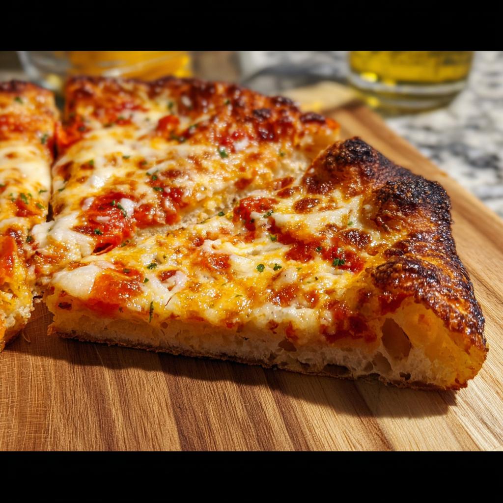 Close-up of a cheesy pizza slice with a golden crust, perfect for pizza night recipes.