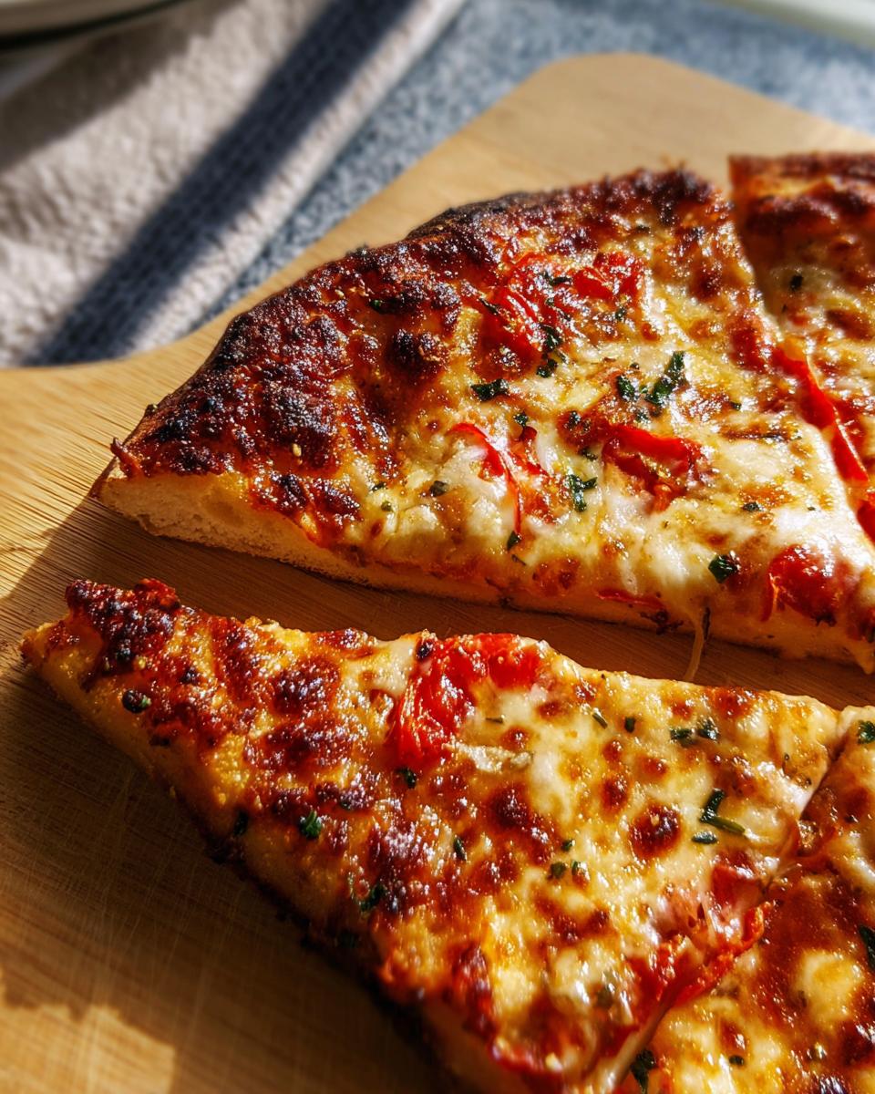 Close-up of two slices of pizza with melted cheese, tomatoes, and herbs, perfect for pizza night recipes.