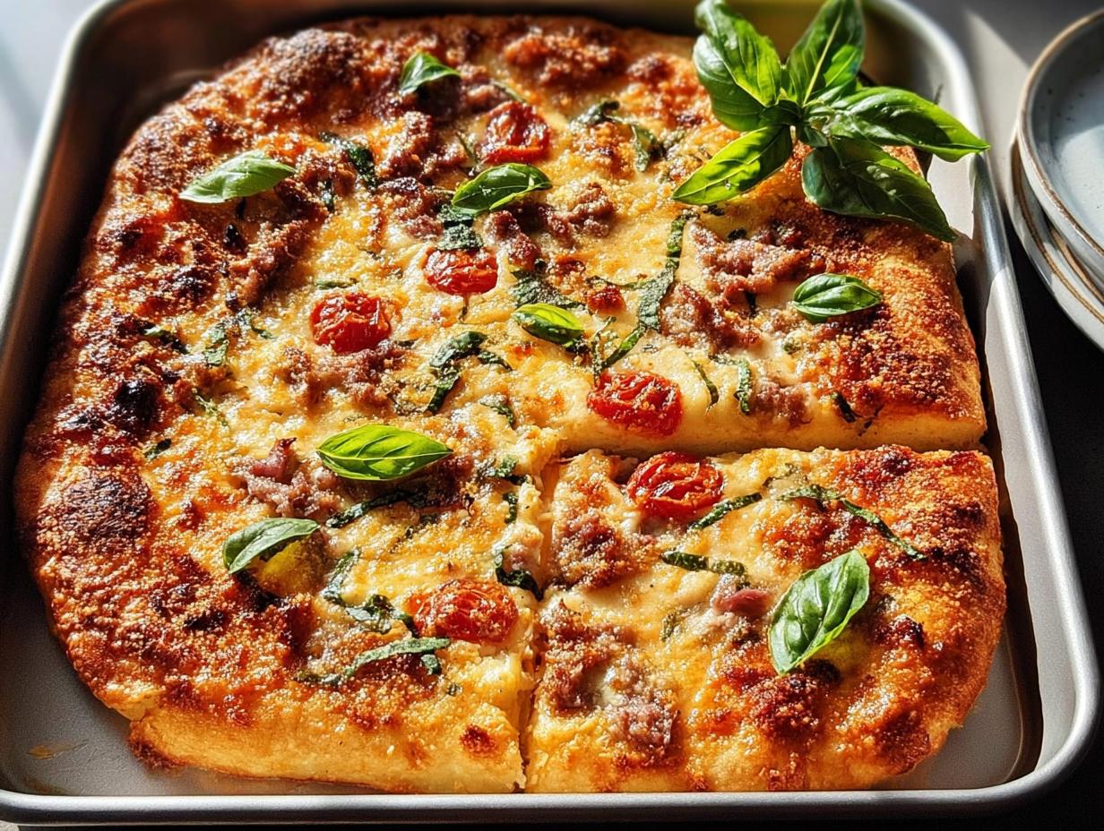 A delicious, golden-brown pizza with sausage, cherry tomatoes, and fresh basil, perfect for Pizza Night Recipes in 10 Minutes.