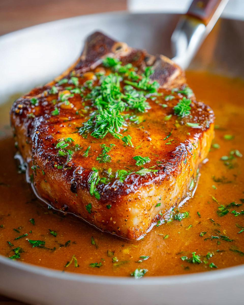 A perfectly cooked pork chop in a rich sauce, garnished with fresh parsley. Part of The Ultimate Pork Chops Recipes Guide for Beginners.