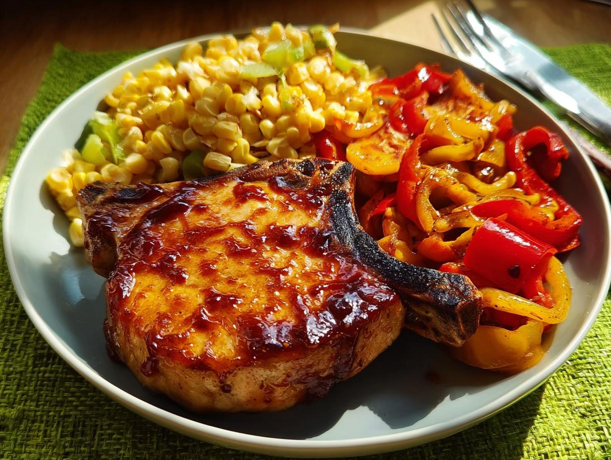 A perfectly cooked pork chop recipe, glazed with sauce, served with corn and sautéed bell peppers.