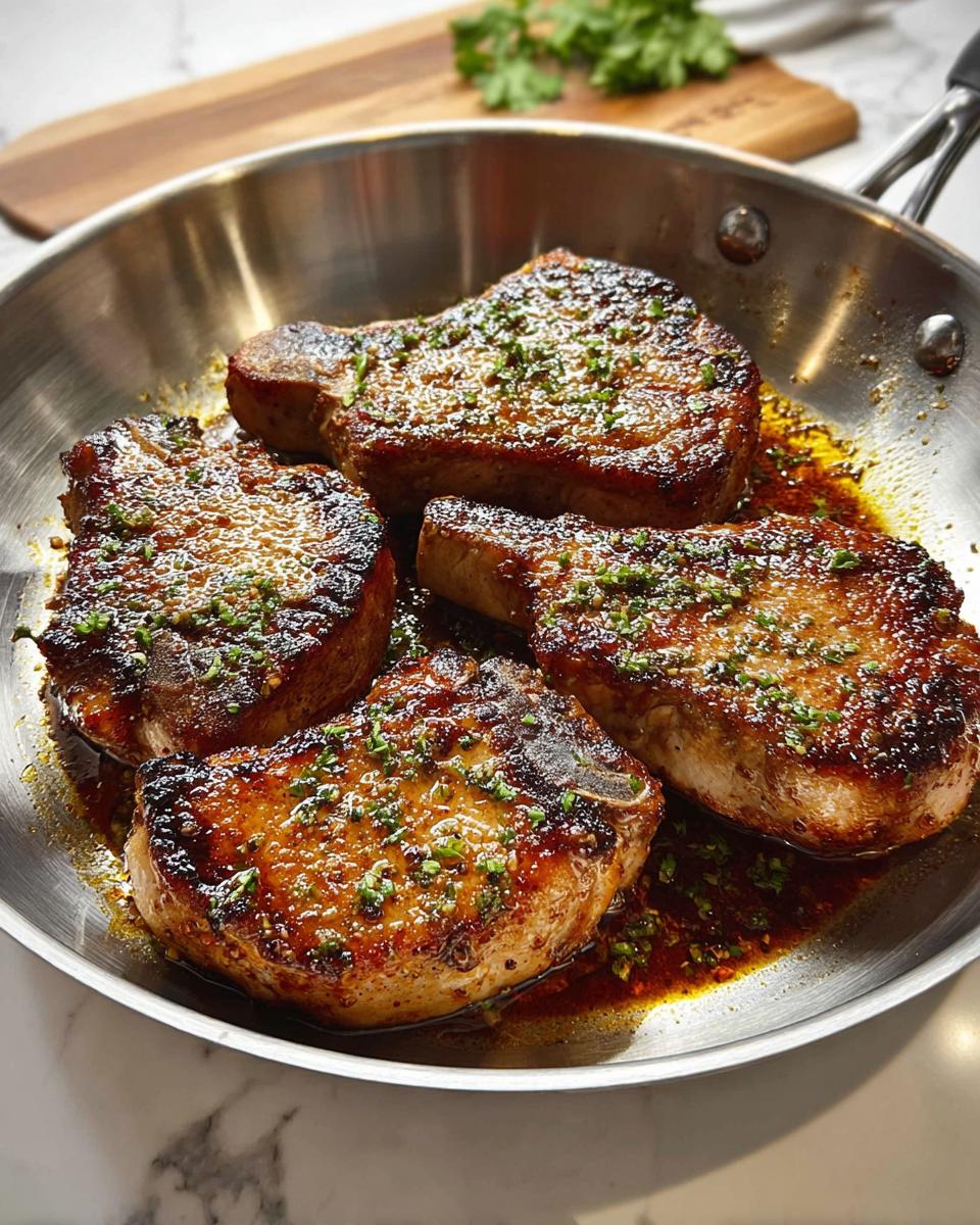 Four perfectly cooked pork chops glistening in a skillet with a savory sauce and sprinkled with fresh herbs.