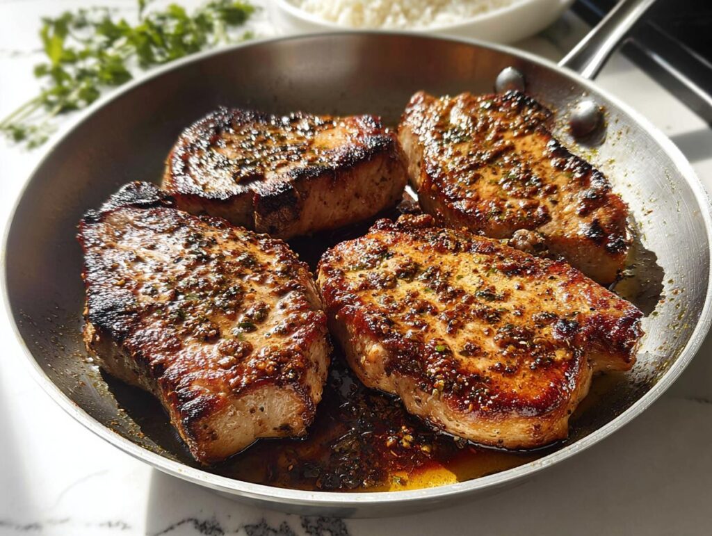 Four perfectly seared pork chops in a skillet, glazed with a savory sauce, ready for meal prep.