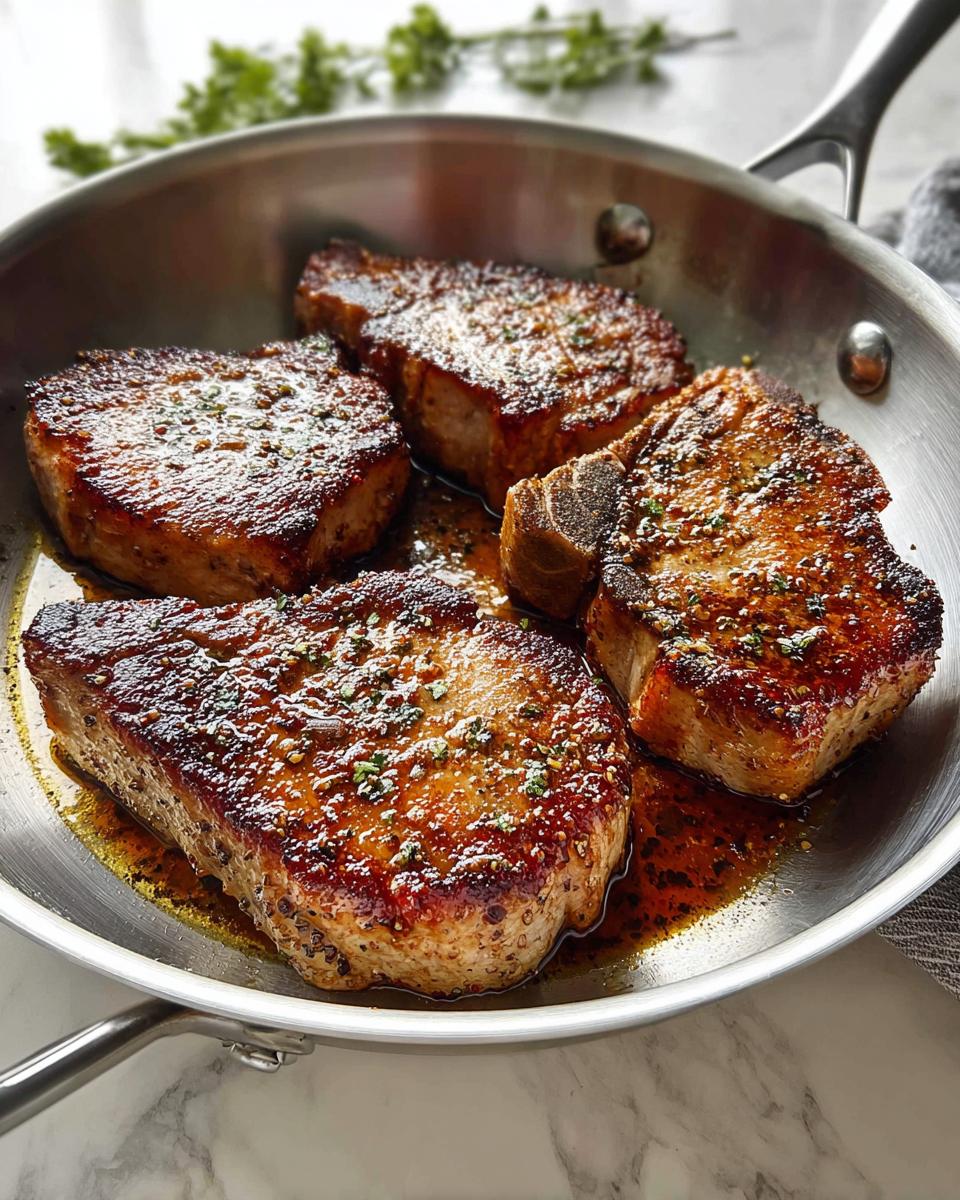 Four perfectly seared pork chops with a golden-brown crust, seasoned and resting in a stainless steel skillet, ready for meal prep.