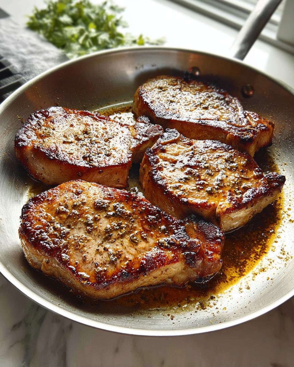 Four perfectly seared pork chops in a stainless steel skillet, glistening with pan juices and herbs. A great pork chops recipe for meal prep.