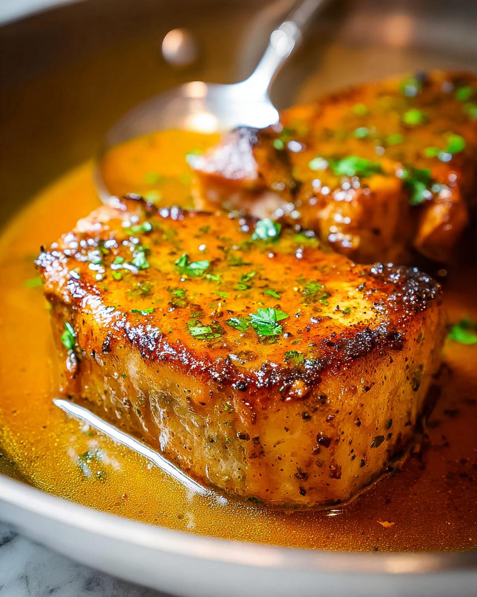 Close-up of two juicy pork chops simmering in a rich pan sauce, garnished with fresh parsley.