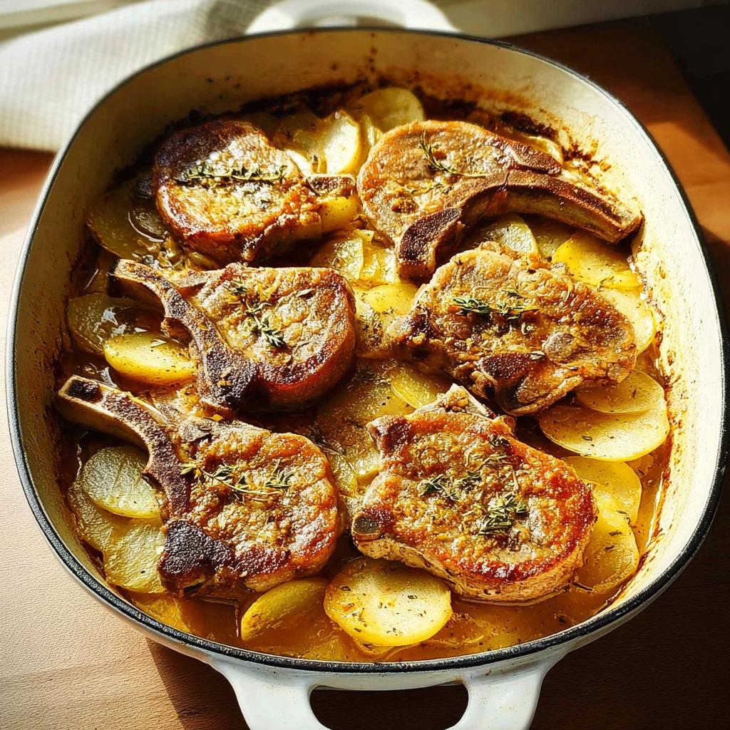 A close-up overhead view of a white baking dish filled with baked pork chops nestled on a bed of sliced potatoes, garnished with herbs.