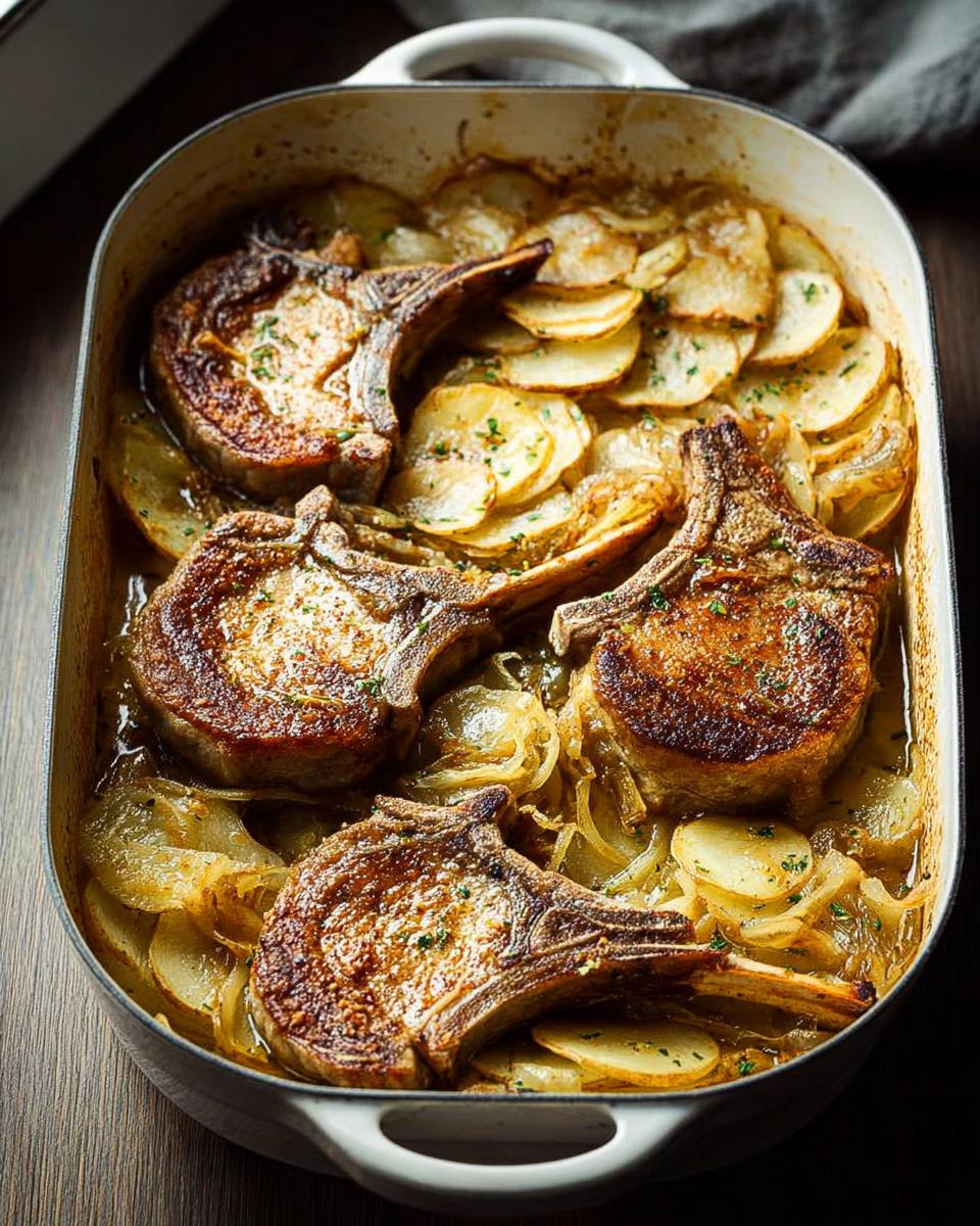 A close-up of a casserole dish filled with tender pork chops baked with thinly sliced potatoes and onions.