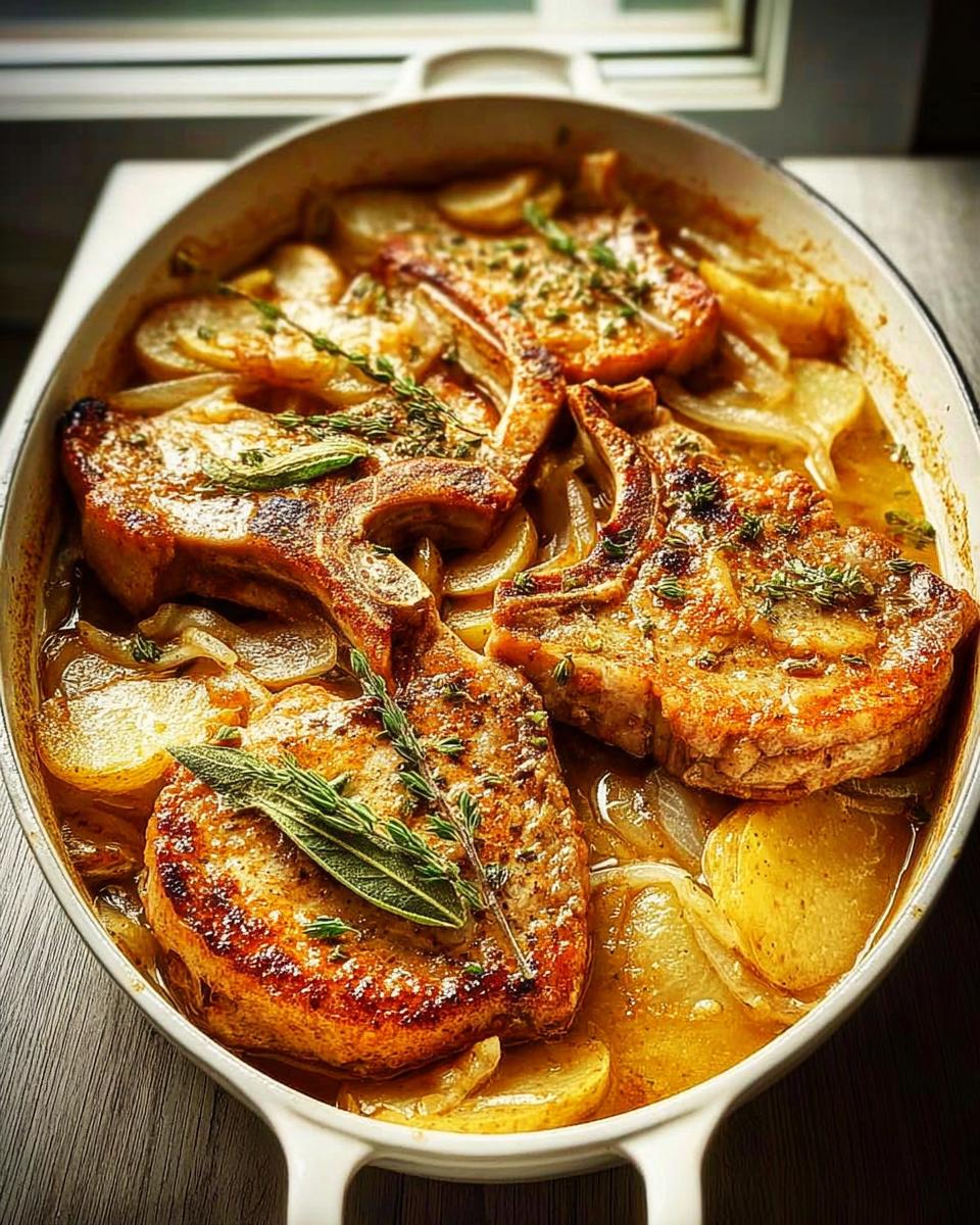 Close-up of baked pork chops with sliced potatoes and onions in a white casserole dish, garnished with herbs.