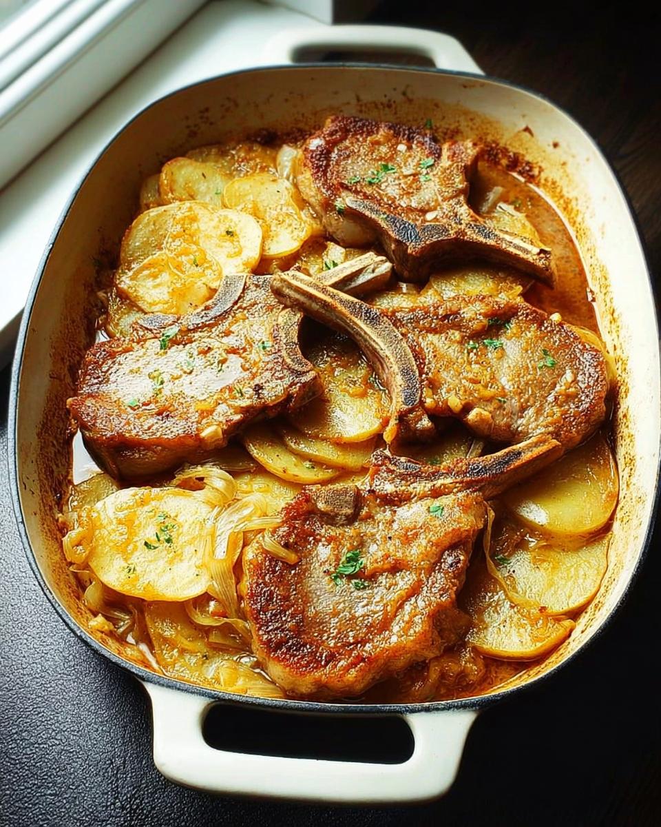 A close-up of a casserole dish filled with tender pork chops nestled amongst thinly sliced potatoes and onions.