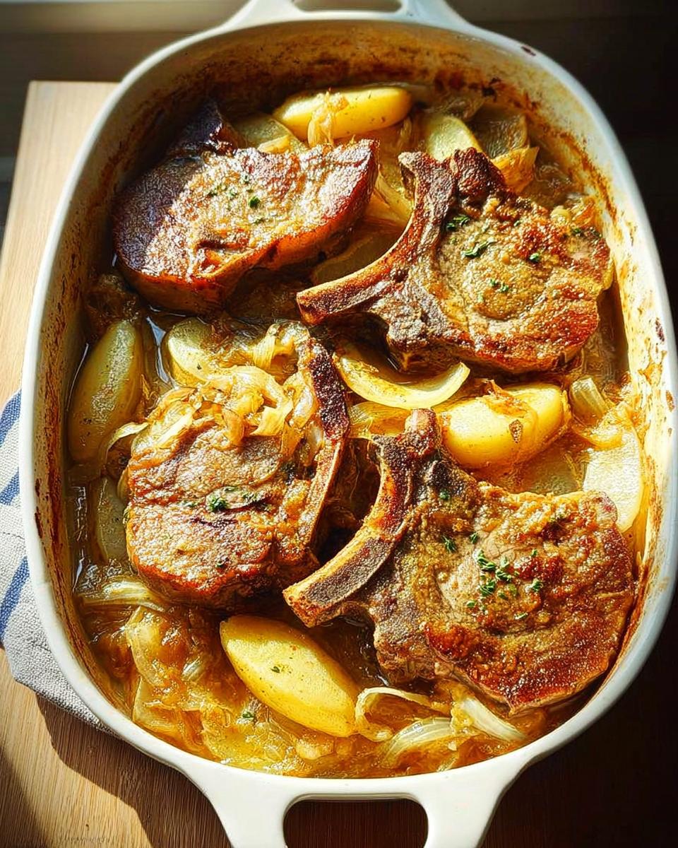 Close-up of baked pork chops with potatoes and onions in a white casserole dish.