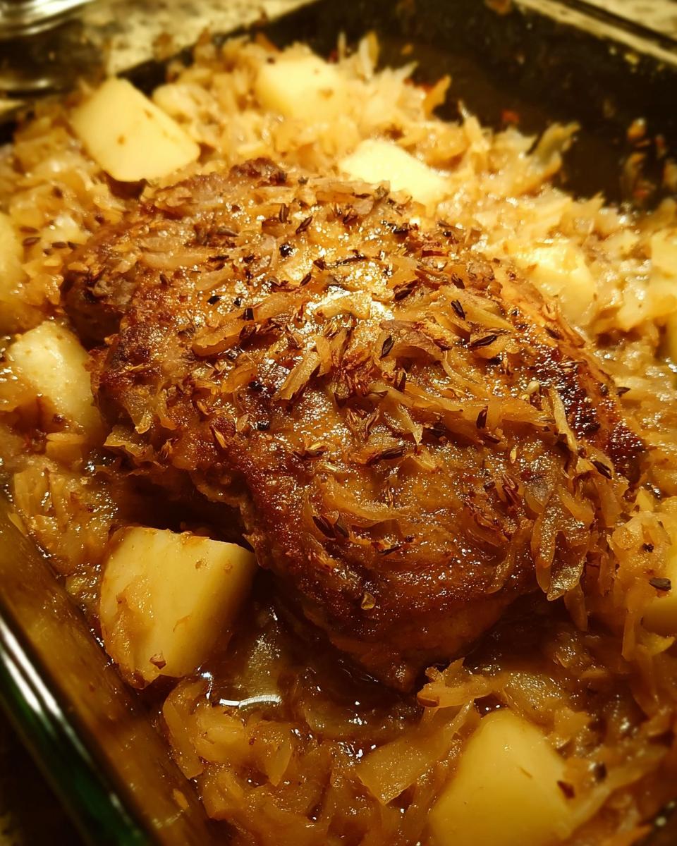 Close-up of a tender pork chop baked with potatoes and onions, a quick and delicious meal.