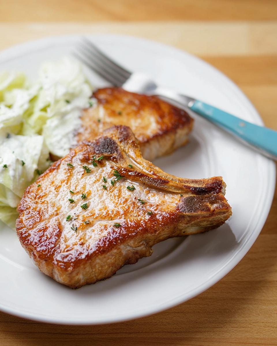 Two juicy pork chops served with a side of creamy coleslaw on a white plate.