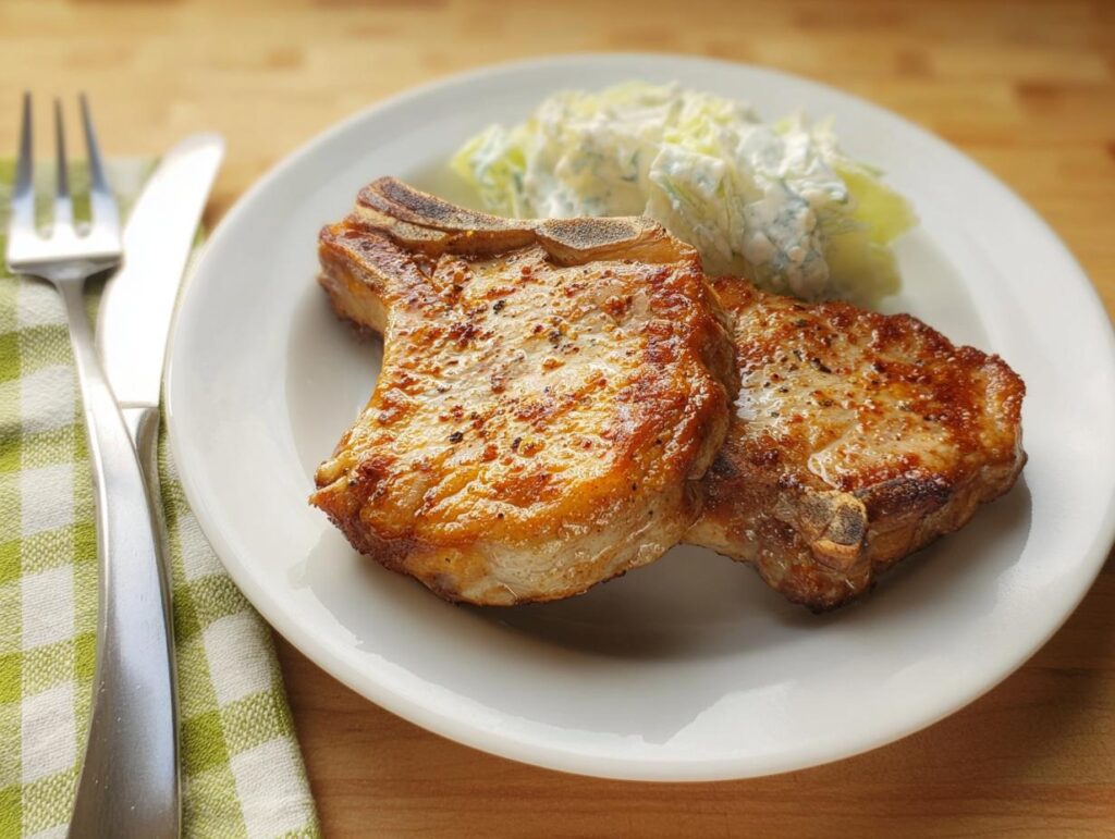 Two perfectly cooked pork chops served with a creamy coleslaw on a white plate.
