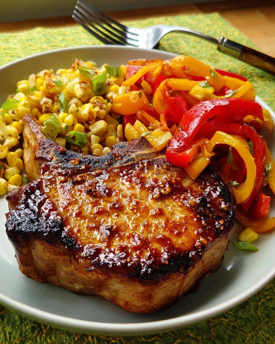 A perfectly cooked pork chop recipe served with corn and colorful bell peppers.