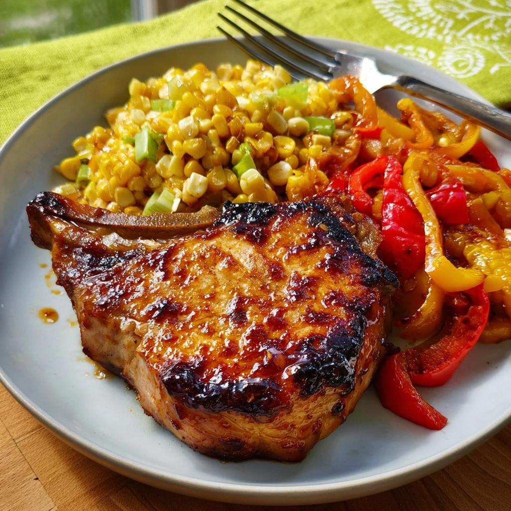 A perfectly cooked pork chop recipe served with a side of corn and colorful bell peppers.