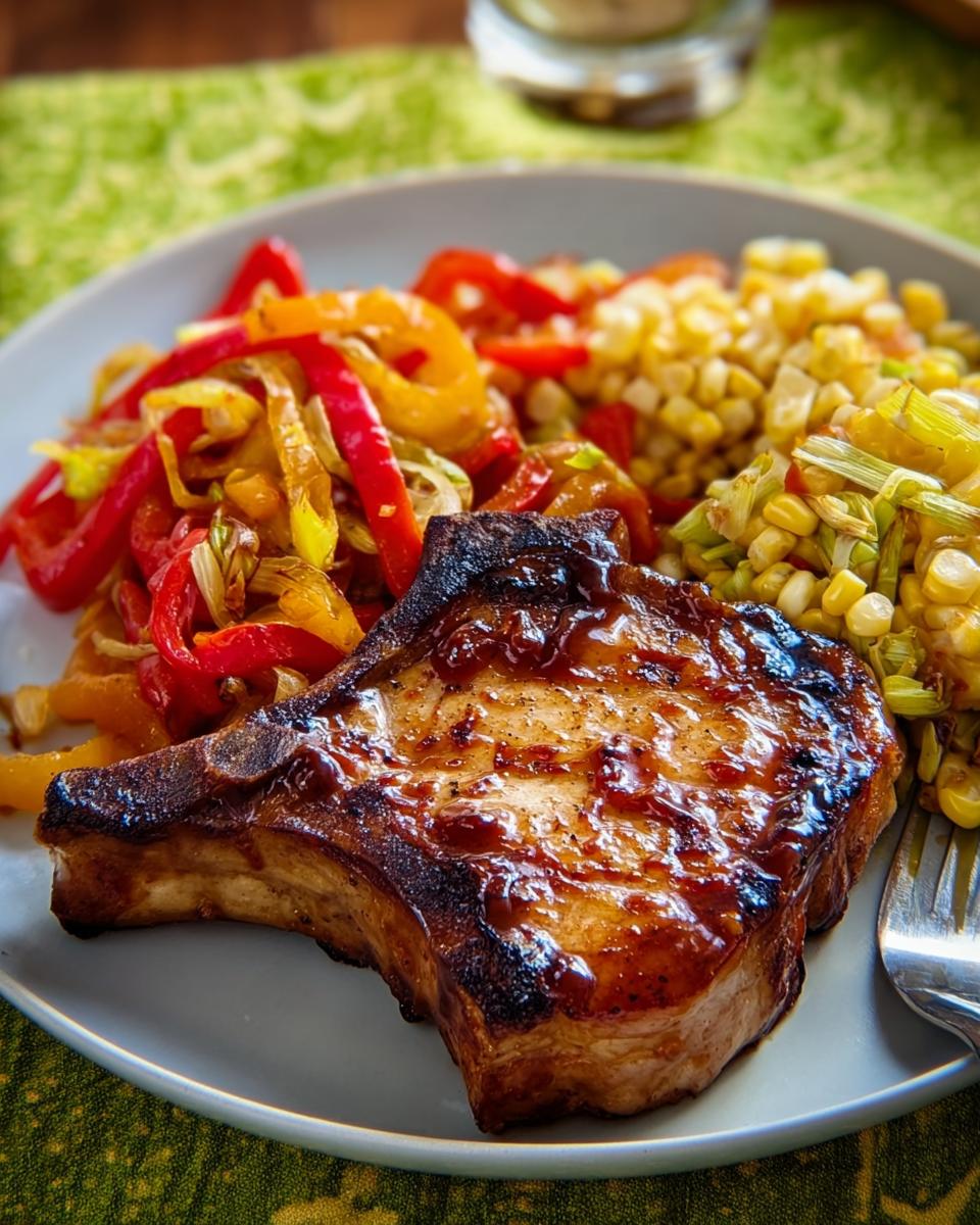 A perfectly cooked pork chop recipe glazed with sauce, served with colorful sautéed peppers and corn.